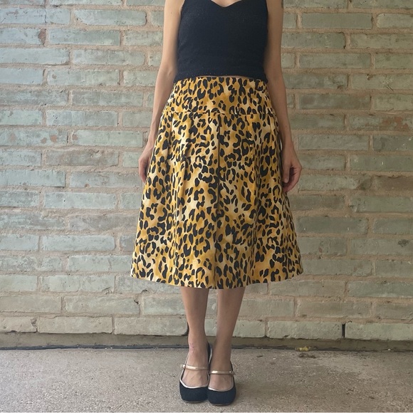 St. John Skirt Leopard Print Pleated Drop Waist Orange Black Cotton Silk Midi - Picture 2 of 16